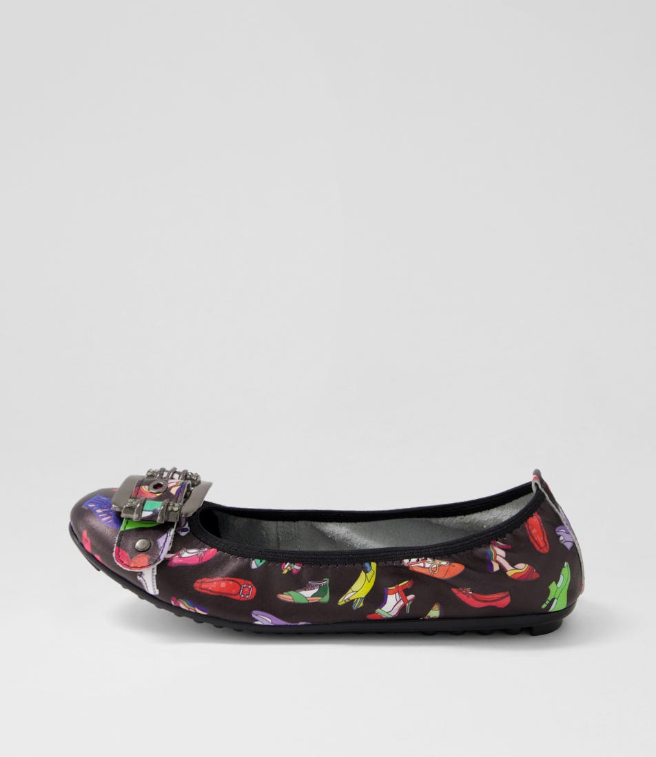 Bellez Black Shoe Print Leather Ballet Flats