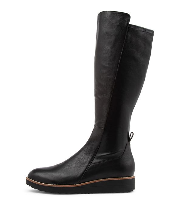 Oleve Black Stretch Leather Long Boots BS