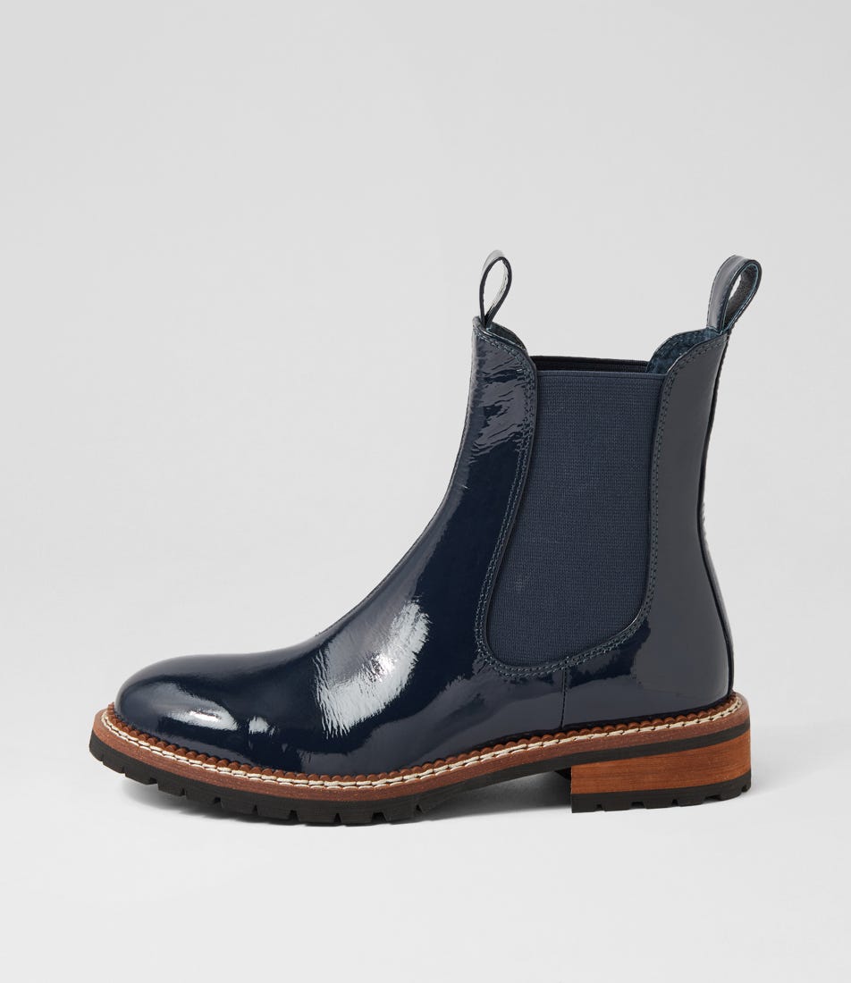 Navy Blue Patent Leather Chelsea Boots. Made in Europe. One of a kind. Atlas Navy Patent Leather Strap Boots main image 4
