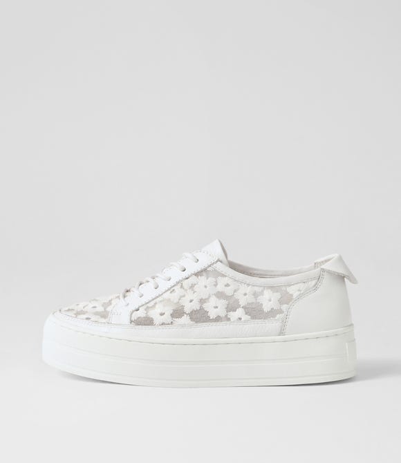 Sirena White Leather Flower Sneakers