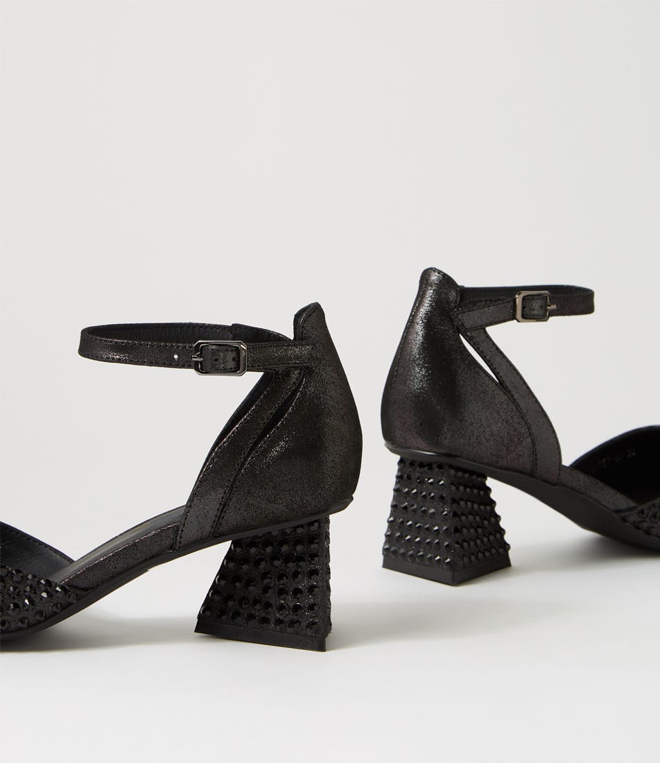Matvi Black Shimmer Leather Jewels Heels